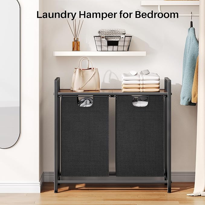 Kitstorack Laundry Basket Organizer, Laundry Hamper with Shelf & 2 Pull-Out Removable Bags, Dirty Clothes Hamper Organizer for Laundry Room Bathroom and Dorm, 2 x 11.8 gallons (44.5L)