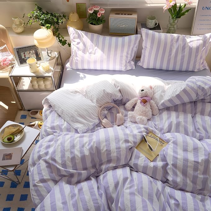 Striped Comforter Set Full Size, Vintage Purple White Stripes Pattern Printed Bedding Set, Lightweight Soft Striped Bed Comforter with 2 Pillowcases, Farmhouse 3 Piece Comforter Set for All Season