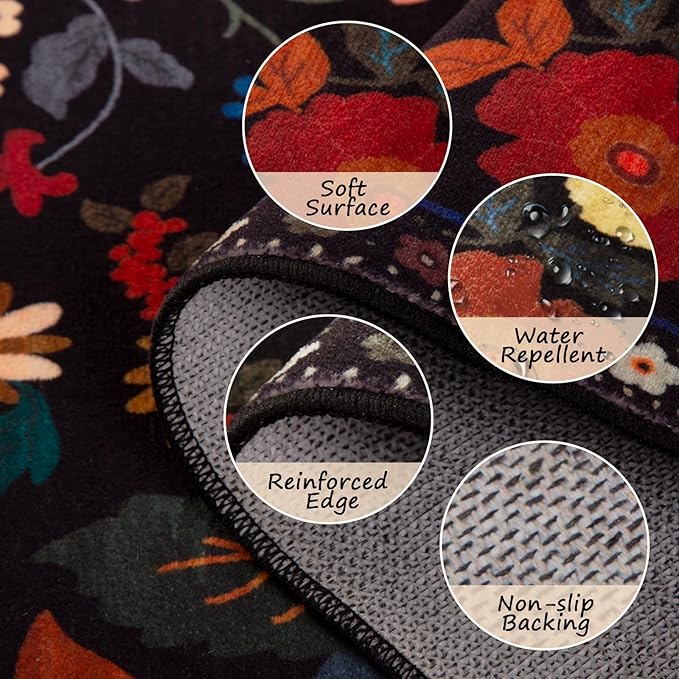 Floral Washable 2x4 Area Rugs Runner Entryway Hallway Black | Flower Carpet, Print, Boho, Non-Slip, Easy to Clean, Low Pile, Soft, for Living Room Bedroom Kitchen Office Entrance