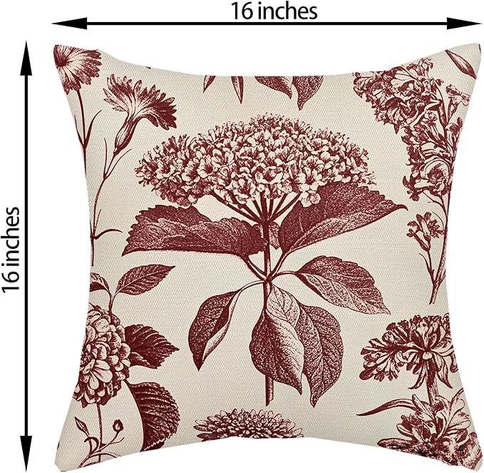 Burgundy Red Pillow Covers 16x16 Inch 2 Pcs Boho Vintage Floral Decor Throw Pillows Hydrangea Flower Seasonal Outdoor Farmhouse Neutral Accent Decoration Pillowcase Linen Cushion Cover for Sofa
