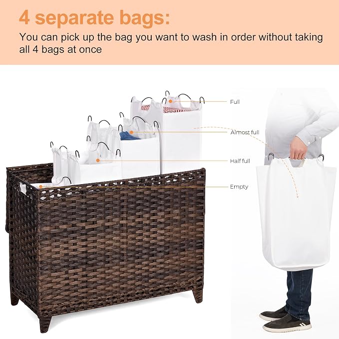 Laundry Hamper with 4 Removable Liner Bags, 176L Laundry Sorter with Lid | Raised Feet; Side Carry Handles; Handwoven PP Rattan; Rust-Resistant Iron Frame; Decorative Woven Design
