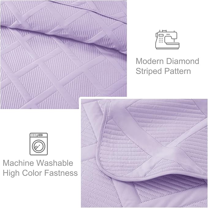 Exclusivo Mezcla California King Size Quilt, Lilac | Soft Bedspreads with 2 Pillow Shams, Modern Striped Pattern, Lightweight Bedding Set Coverlets for All Seasons, 112x104 Inch