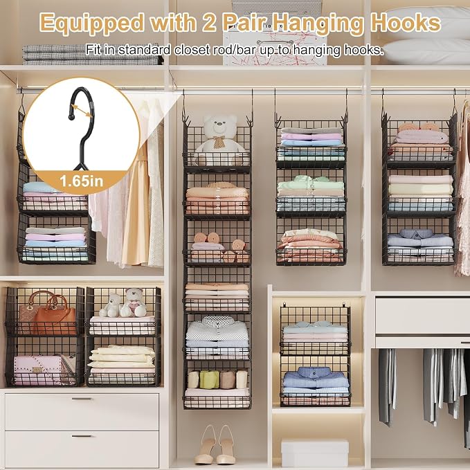 6 Tier Closet Hanging Organizer, Clothes Hanging Shelves with 4 Hanging Hooks 5 S Hooks, Wire Storage Basket Bins, for Clothing Sweaters Shoes Handbags Clutches Accessories Patent Design-Black