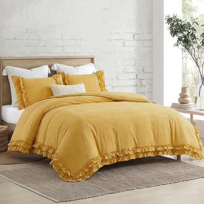 Bedorm Ginger Yellow Bedding Set King Ruffle Duvet Cover Super Soft Cozy Washed Microfiber Bedding Shabby Chic Coquette Decor Farmhouse Boho Duvet Cover Set