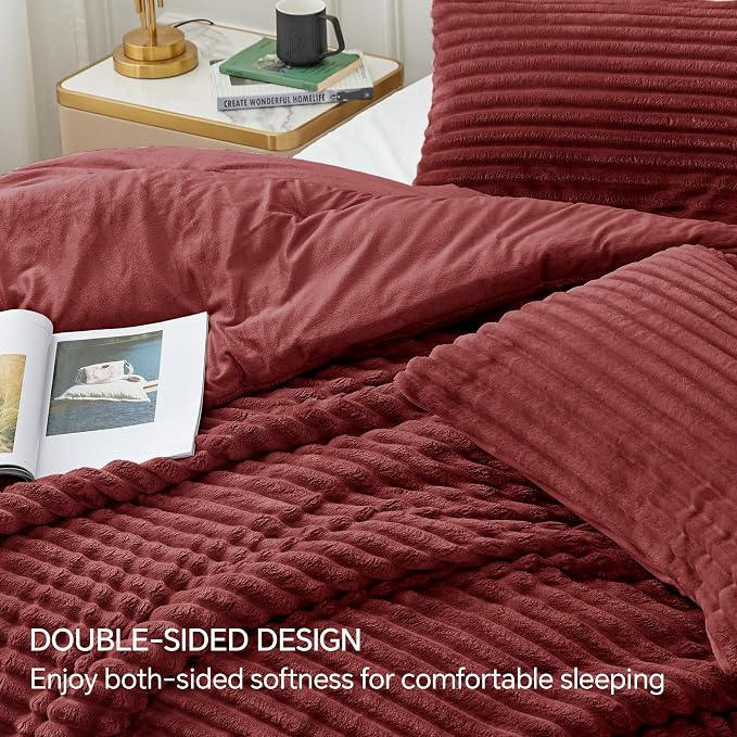 BEDELITE Fleece King Comforter Set, Fluffy Bed Set, Burgundy | Super Soft & Warm Bedding, Luxury Fuzzy Faux Fur Comforter for Winter, Heavy Plush Bedding, with 2 Pillowcases