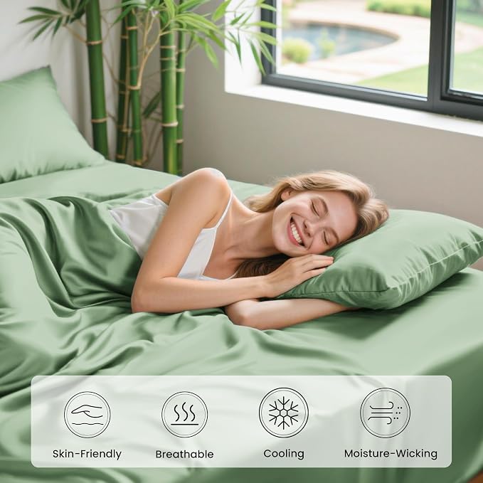 Love's cabin 4 Piece Full Size Sheet Set, 100% Rayon Derived from Bamboo, Cooling & Breathable, Soft Silky Deep Pocket up to 16", Hotel Luxury Bedding for Hot Sleepers, Sage Green