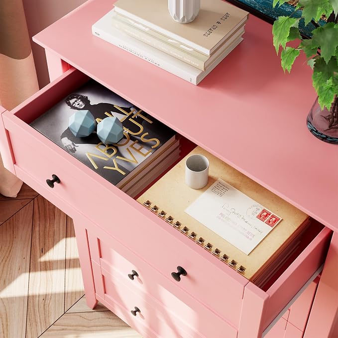 Garvee 5 Drawer Dresser for Bedroom, Modern Tall Chest of Drawers with Metal Knobs, Wooden Clothes Storage Organizer for Closet, Nursery, Living Room, Apartment, Pink | Lacquered Finish, Metal Knobs, Clothes Storage Organizer for Closet, Nursery, Livin...