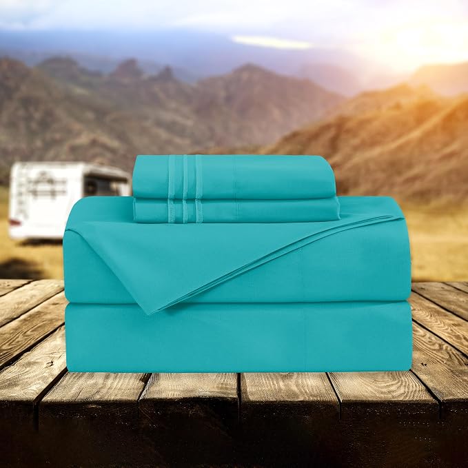 Elegant Comfort Luxury 1500 Premium Hotel Quality Microfiber 4-Piece Sheet Set - Wrinkle Resistant, All Around Elastic Fitted Sheet, Deep Pocket up to 16", RV Short Queen, Turquoise