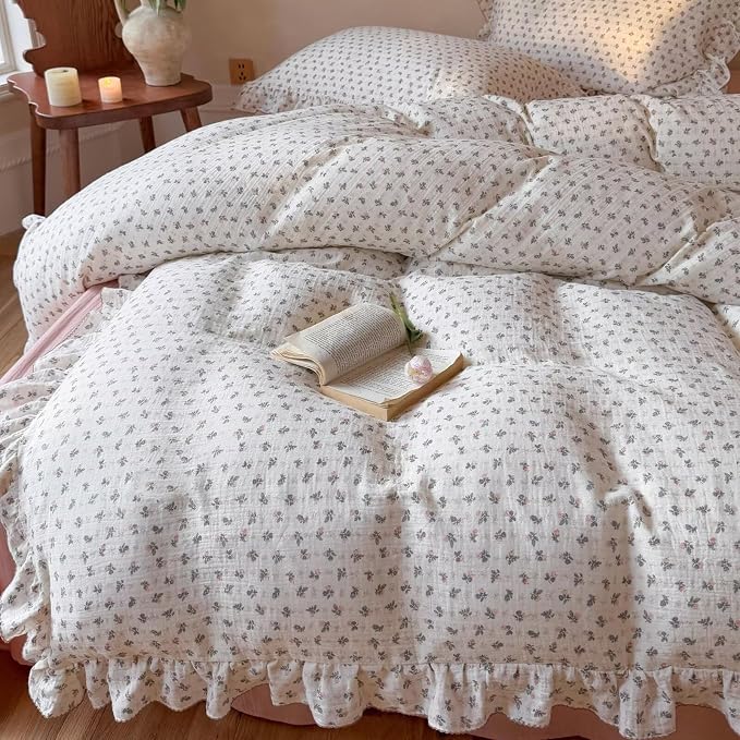 Pink Bellflower Print Duvet Cover Twin Muslin Cotton Comforter Cover for Toddler Kids Children Girls Boys, Lightweight Soft Quilt Covers, Zipper Closure, 4 Ties, No Pillow