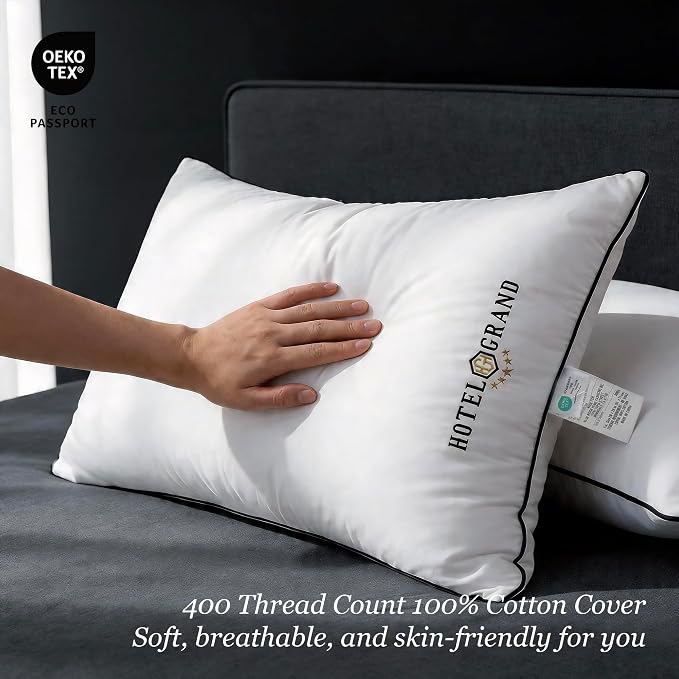 Hotel Grand Bed Pillows Queen Size Set of 2, Medium Soft Down Alternative | Sleeping Pillows for Side Back Stomach Sleepers, 400 Thread Count Breathable Cotton Cover, 20x28 Inches, White