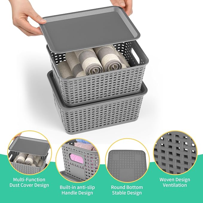 8 Pack Plastic Storage Baskets,Grey Stackable Bins with Lid | 5.3qt Storage Containers with Labels for Organizing Shelves Drawers Desktop Closet Playroom Classroom Office