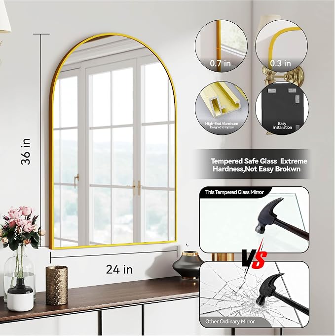 36x24 Bathroom Mirror Arch Wall Mounted/Against Aluminum Frame Gold | HD Crystal Clear No distortion Tempered Glass,Make-Up Vanity Mirrors for Bedroom,Entryway,Living Room