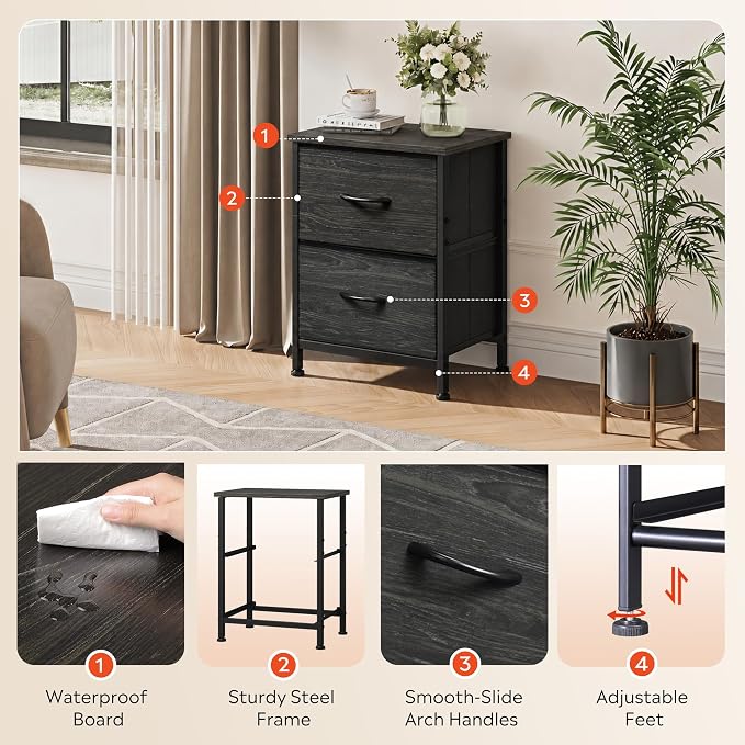 WLIVE Night Stand, Small Dresser with 2 Drawers & Wooden Top, Nightstand with Fabric Bins, Bedside Table End Table for Bedroom, Closet, Entryway, College Dorm, Charcoal Black | Nightstand with Fabric Bins, Bedside Table End Table for Bedroom, Kids Room