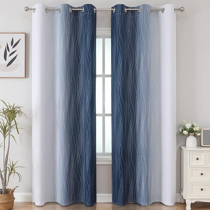 Navy Blue and Greyish White Blackout Curtains for Living Room 84 Inch Long | Estelar Textiler Ombre Room Darkening Bedroom Curtains, Light Blocking,Thermal Insulated Grommet Window Drapes,42x84,2 Panels