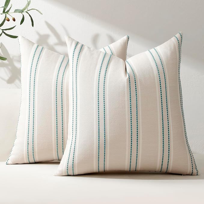 Hckot Stripe Throw Pillow Covers 22x22 Set of 2 Teal Blue Pillow Covers | Farmhouse Decorative Pillows Textured Linen Square Cushion Covers for Sofa Couch Bed Living Room Decor