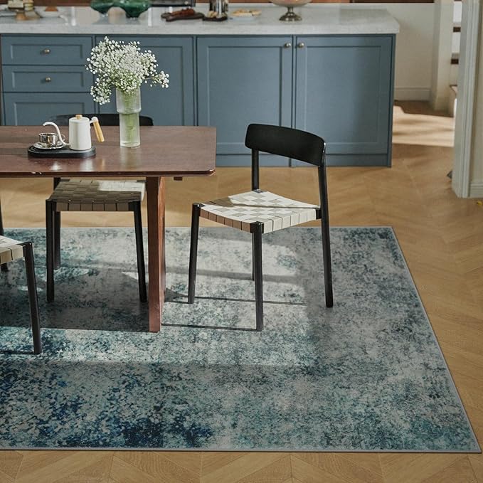 Lahome Modern Abstract Area Rugs 3x5 Washable Rug, Throw Rugs for Entryway Low Pile Anti Slip, Stain Resistance Accent Carpet for Bedroom Kitchen Bathroom Laundry Front Door, Blue/Grey