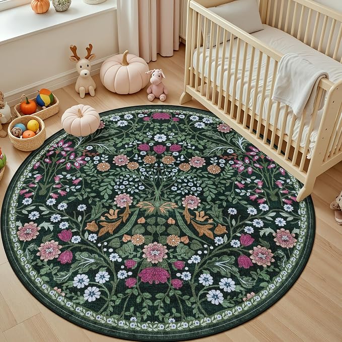 PLHXFR Round Area Rug Living Room: 6 ft Floral Washable Carpet Dark Green | For Bedroom Dining Room Farmhouse Nursery Hallway,Vintage Floral,Machine washable,Non Slip,Stain Resistant,Large Indoor