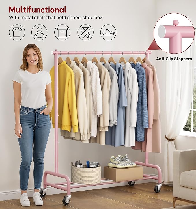 SLEEPING LAMB Heavy Duty Clothing Racks for Hanging Clothes Rack, 43" Wide Rolling Garment Rack Metal Clothing Hanger Rack with Wheels Wardrobe Rack for Coats, Shirts, Dress (Pink)