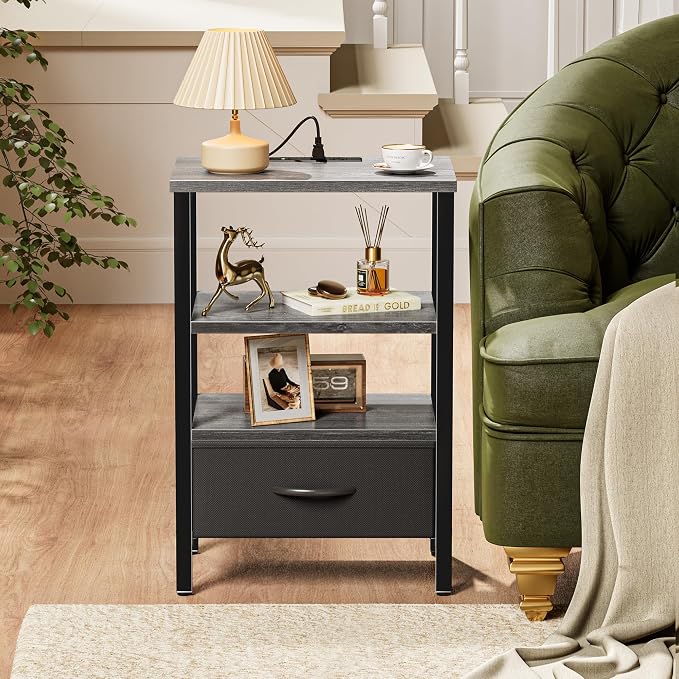 SUPERJARE Nightstand with Charging Station, Bed Side Table with Adjustable Fabric Drawer, Night Stand for Bedroom, 3-Tier Storage End Table, for Living Room, Charcoal Gray | Night Stand for Bedroom, with Adjustable Fabric Drawer, 3-Tier Storage End Tab...