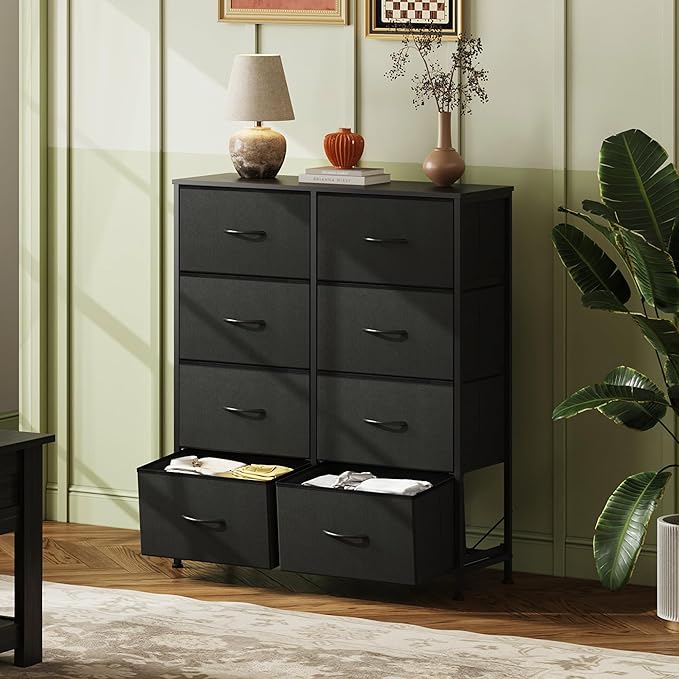 WLIVE Fabric Dresser for Bedroom, Tall Dresser with 8 Drawers, Storage Tower with Fabric Bins, Double Dressers, Chest of Drawers for Closet, Living Room, Hallway, Charcoal Black | Black tall 8-drawer fabric dresser with bins, sleek modern tower for bed...