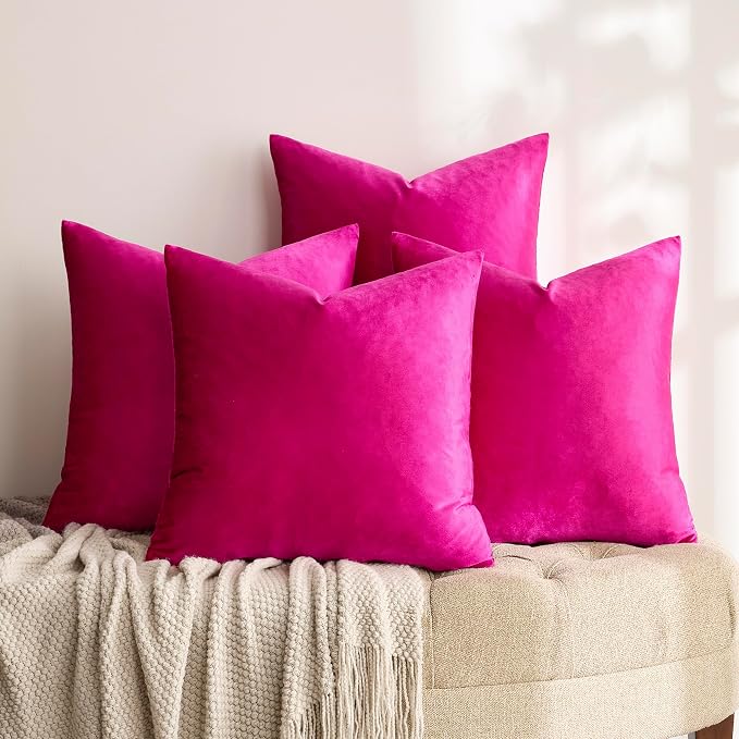 GIGIZAZA Pack of 4 Decorative Velvet Pillow Covers 20x20 Hot Pink | Throw Pillows for Couch Sofa,280gsm Soft Textured Fabric,Modern Accent Pillowcases,Luxury Living Room Cushion Covers