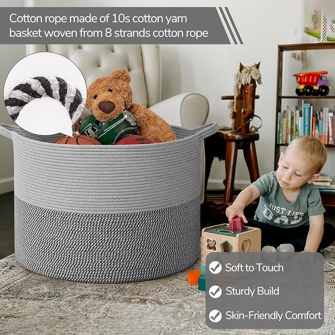 INDRESSME 115L Extra Large Woven Rope Blanket Basket Living Room, Grey | 23.6" x 15.7" Storage baskets for toys laundry & pillows. Fits living room, bedroom or nursery décor. Soft-touch with handles