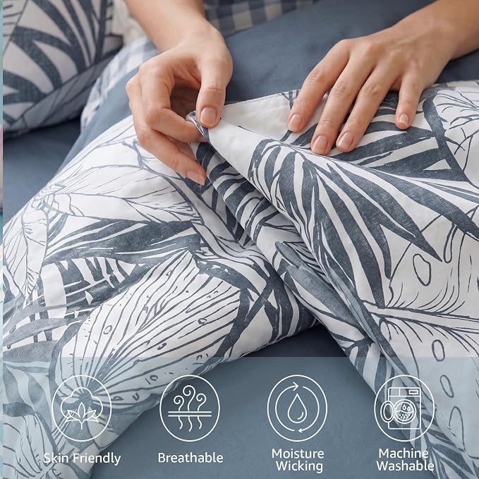 Full Size Comforter Sets-7 Pieces Blue Jungle Bed in a Bag Full Bedding Set | All Season Botanical Tropical Palm Leaf Comforter Set with Sheets, Pillowcases & Shams
