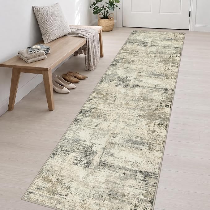2.6x14 Washable Runner Rug:Modern Abstract Soft Carpet Ash Brown | For Hallway, Bedroom, Kitchen, Laundry, Bathroom,Door Mat,Modern Abstract,Machine washable,Non-Slip,Stain Resistant,Indoor