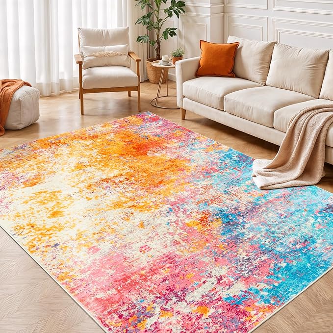 Rugflix 4x6 Area Rugs for Living Room, Washable Colorful Rainbow Large Rug | Machine Washable; Stain-Resistant; Low Pile; Non-Slip; Modern Abstract; Multi-colors Carpet for Nursery Girls Bedroom Home