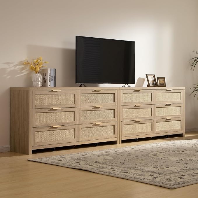 SICOTAS Rattan Dresser for Bedroom, 57" Wide 6 Drawer Dresser | Dressers with Ample Storage, Large Chest of Drawers, Closet, Boho TV Stand for Bedroom, Reclaimed Light Oak, 1 Piece