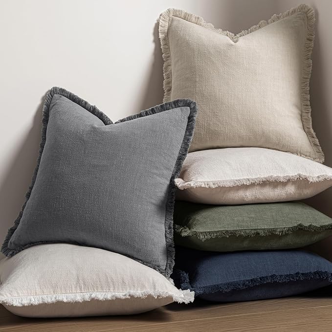 MIULEE Boho Linen Fringe Decorative Throw Pillow Covers Grey 18x18 | Set of 2, Cottagecore Decor, Boho Farmhouse Neutral Pillow Covers, Rustic Couch Cushion Cases for Sofa Bed Living Room