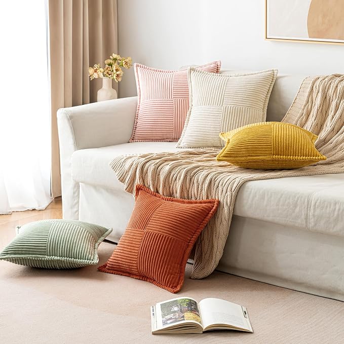 MIULEE Rust Fall Corduroy Decorative Euro Sham Pillow Covers 24x24 Inch with Splicing Set of 2 Soft Boho Pillow Covers Broadside Textured Summer Pillowcases for Couch Bed Livingroom