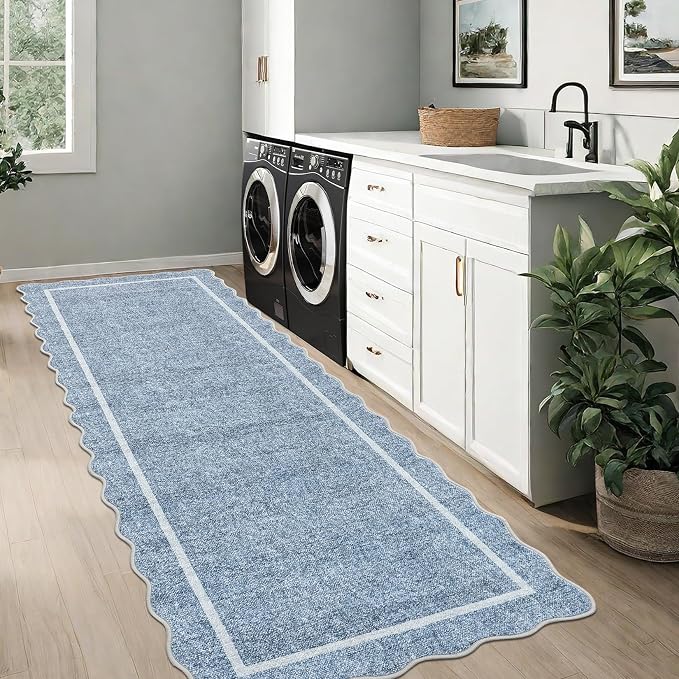 GarveeHome Scalloped Washable Runner Rug 2x10 Non Slip Kitchen Rugs, Blue | Modern Blue Indoor Entryway Rug Farmhouse Soft Bath Mat Stain Resistant Carpet for Bedroom Hallway Laundry