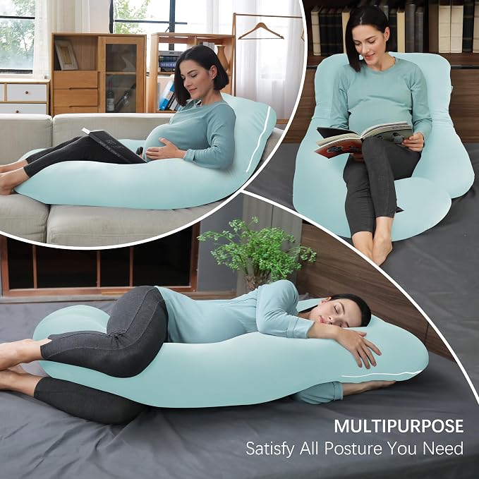 MOON PARK Pregnancy Pillows for Sleeping - U Shaped Full Body Maternity Pillow with Removable Cover - Support for Back, Legs, Belly, HIPS - 65 Inch - Ice Blue - Cooling Cover