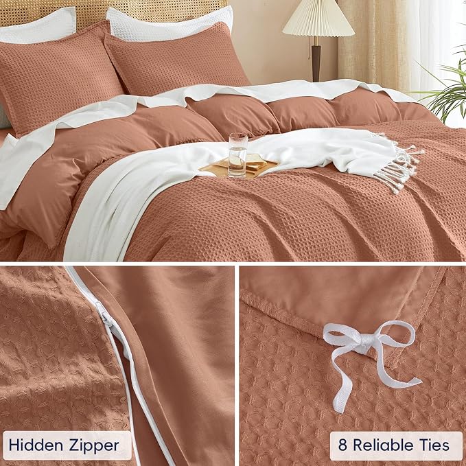 PHF Waffle Duvet Cover California King,Soft Breathable,104"x98",Terra Cotta | 300GSM Fabrie，No Snagging Textured Honeycomb Comforter Cover for All Season 3pcs, Durable Bedding Duvet Set, Home Decor Gift