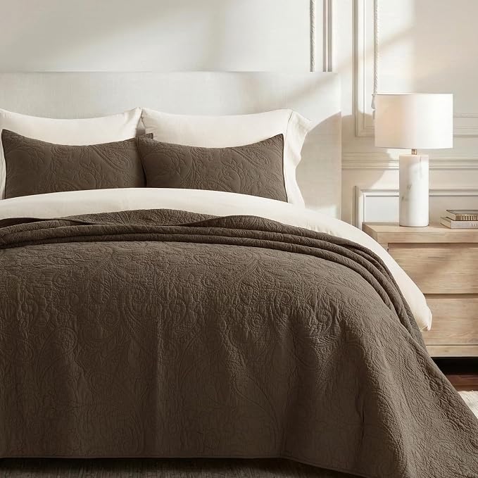 EVERGRACEHOME 100% Cotton Paisley Quilt Set, Queen Size, Cocoa Brown | Prewashed for Softness, Year-Round Breathability, Gift-Ready Box, Matelasse-style Quilted Coverlet, 3 Piece Set with 2 Shams