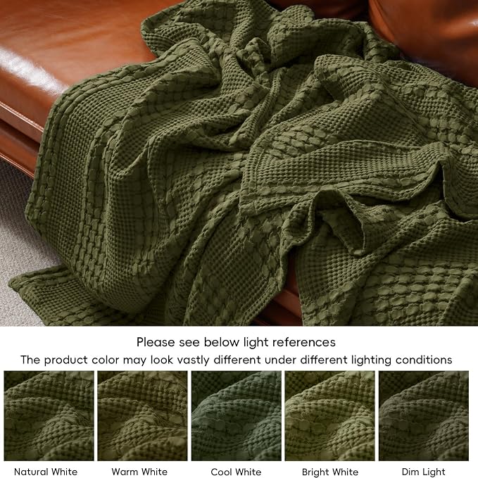 PHF Lightweight 100% Cotton Waffle Blanket for Bed, Queen, Capulet Olive | Pre-Washed Soft Cotton Comfort, Breathable Layering Warmth for Fall & Winter, Bed, Sofa, Couch, Home Decor & Gifts