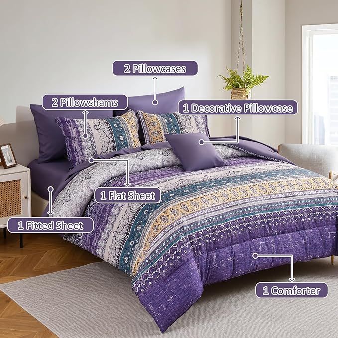 Cottolester Boho King Size Comforter Set 8 Pieces, Violet Bohemian Striped Bed in a Bag, Paisley Soft Microfiber Bedding Comforter Set