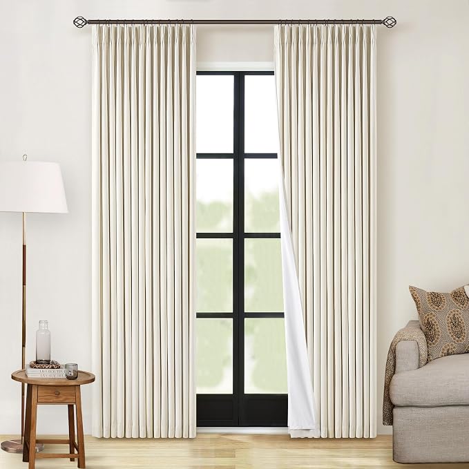 Cream Beige Linen Pinch Pleat Black Out Curtains 84 Inch Length 2 Panels | 2 Layer for 100% Blackout, Pinch Pleated with Hooks Rings Track Back Tab, Room Darkening Soundproof, for Bedroom Living Room