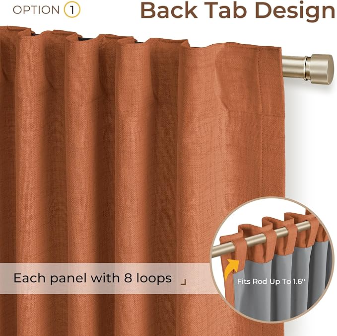INOVADAY 100% Blackout Linen Curtains for Bedroom 50x96 Inches Burnt Orange | Linen Textured, Light Blocking, Room Darkening, Thermal Insulated, Back Tab Top, Window Curtains for Living Room, 2 Panels