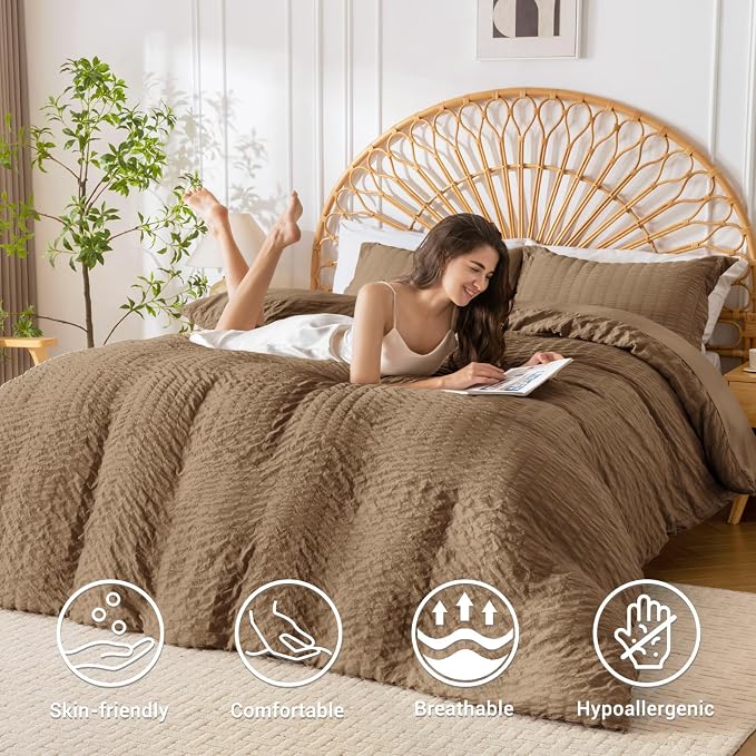 HYMOKEGE Brown Duvet Cover Full Size, Ultra Soft 3-Piece Seersucker Duvet Cover Set with Zipper Closure, Soft Brushed Microfiber Bedding Set with 8 Corner Ties (80"x90", 2 Pillowshams)