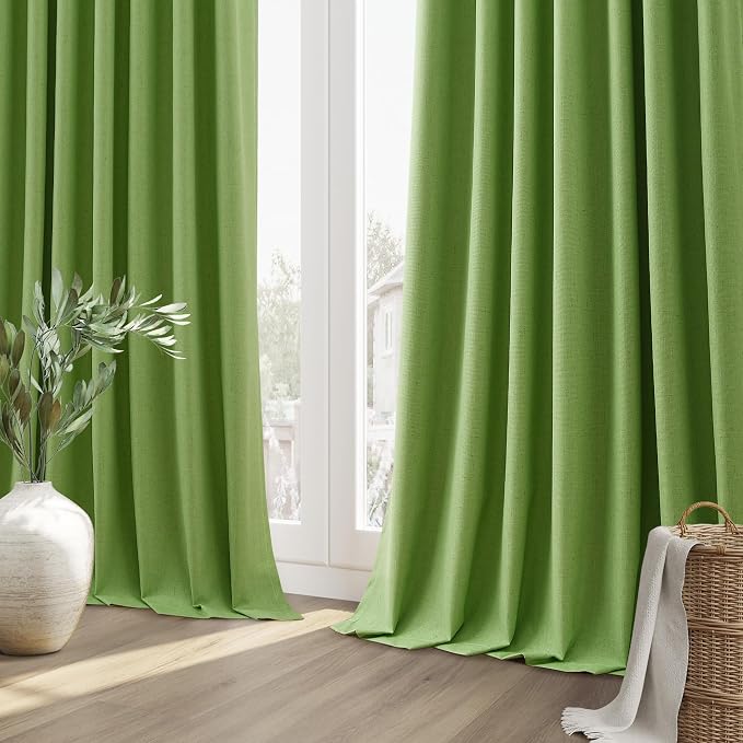 100% Blackout Curtains 96 Inch Length 2 Panels Set for Living Room Bedroom Back Tab Thermal Insulated Black Out Linen Drapes Room Darkening Lime Green,52x96