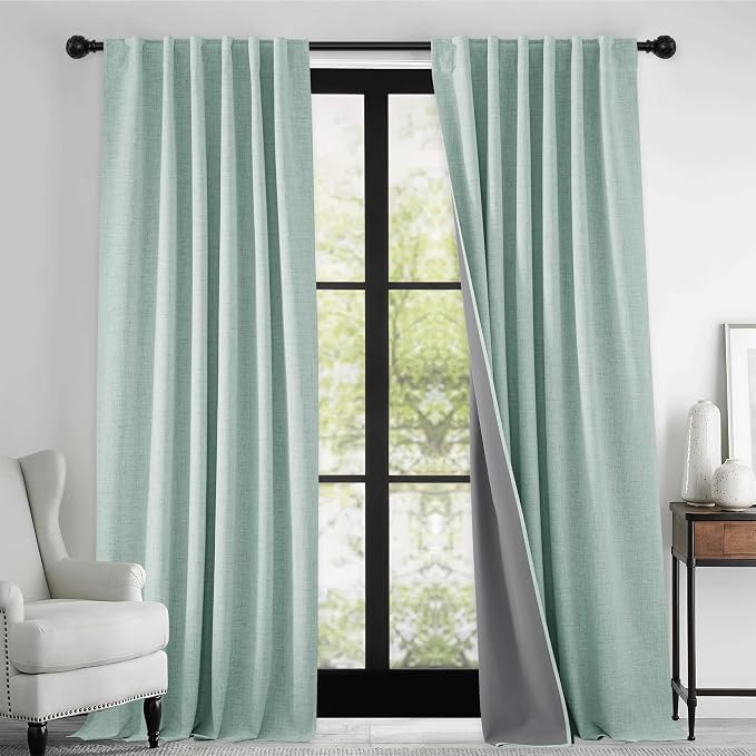 RYB HOME 100% Blackout Linen Textured Curtains 108 inches Long, Thermal Insulating Privacy Energy Saving for Bedroom Living Room Window Office Theater Baby Nursery, W 52 x L 108 in, Aqua, 2 Panels