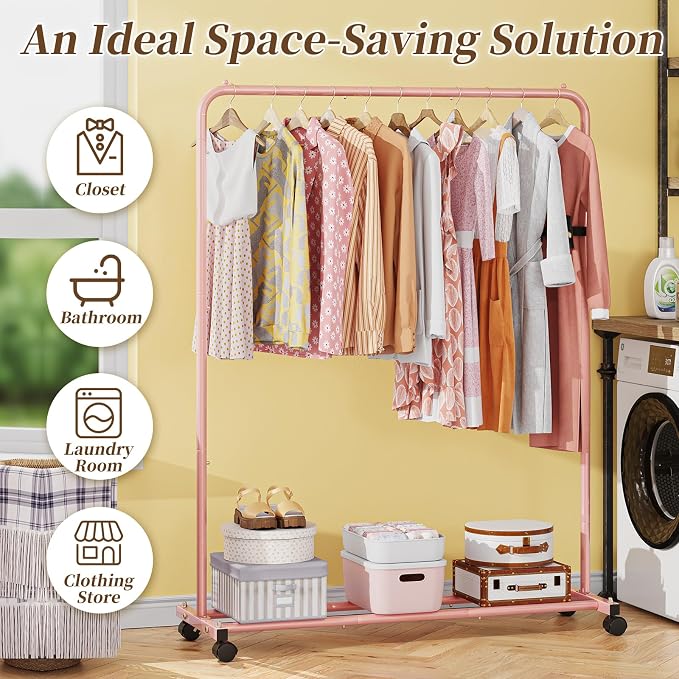 Simple Trending Clothes Clothing Garment Rack, Clothes Organizer, Pink | Storage Shelves, 360° Lockable Wheels, Anti-Slip Stoppers, Bedroom, Laundry Room