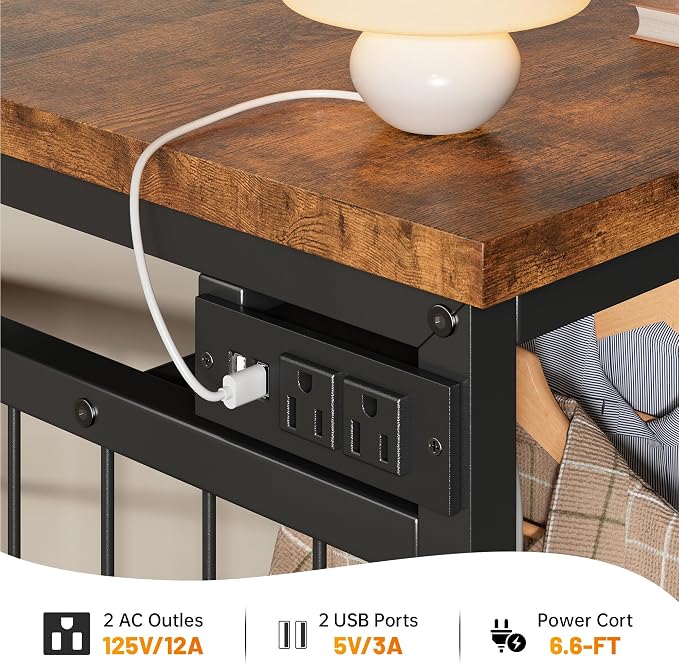EnHomee 49.2" W Dresser with Hanging Rack & 6 Drawers, Grid Panel & 4 Hooks | Featuring LED Lights and Charging Station, Wooden Top Organize Unit for Bedroom, Chest of Drawers with Steel Frame, Brown