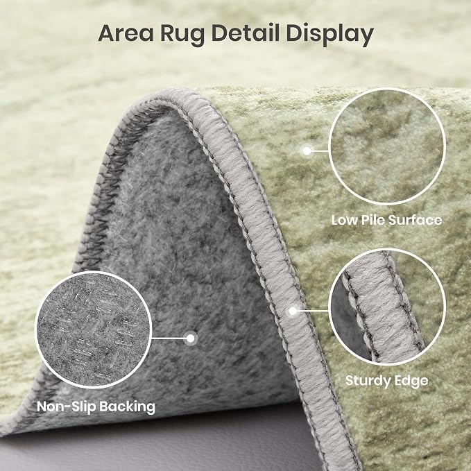 6x9 Area Rugs Non Slip, Large Washable Rugs for Living Room, Green | Soft Low Pile, Thin & Lighweight Carpet, Folable Stain Resistant Modern Indoor Floor Mat for Bedroom, Dining Room, Home Decor