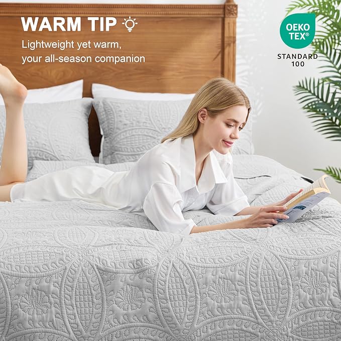 Love's cabin Quilts for Full Bed Light Grey Bedspreads Bedding Set - Lightweight Bedspread Comforter - Coin Pattern Bedding Coverlet for All Season - 3 Pieces (1 Quilt, 2 Pillow Shams)