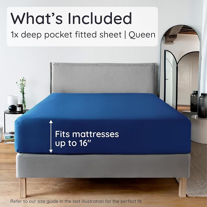 Bambaw 100% Viscose Derived from Bamboo Fitted Sheets Queen Size, Cooling Fitted Sheets Queen Size, 16’’ Deep Pocket Navy Blue Fitted Sheet, Breathable Queen Mattress Fitted Sheet Only (Navy Blue)