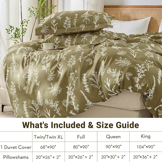 MUXHOMO Duvet Cover Full Size, Reversible Floral Olive Green Duvet Cover Set with Zipper Closure, 3 Pieces Botanical Patterns Soft Microfiber Bedding Set with 4 Ties (80"x90", 2 Pillow Cases)