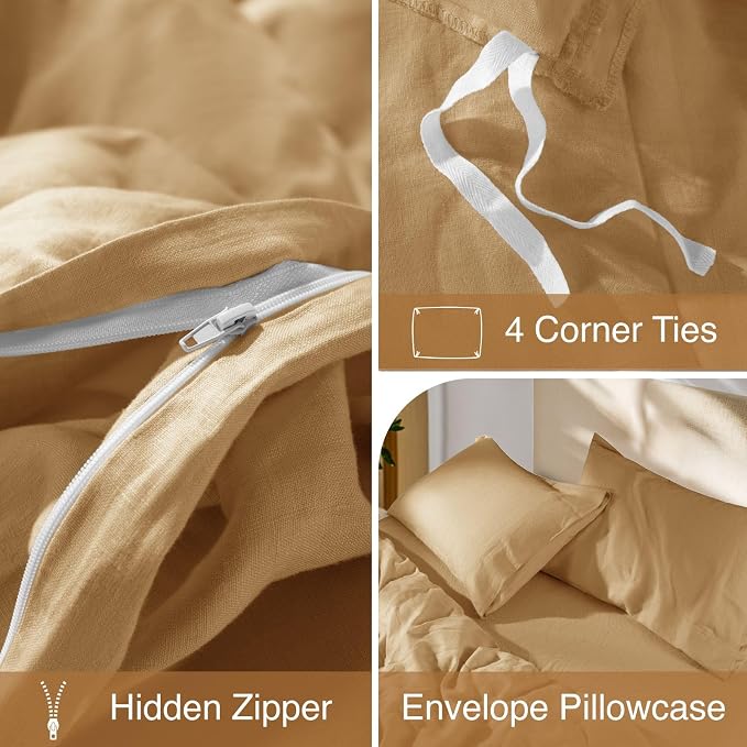 SONORO KATE 100% French Linen King Duvet Cover Set,Zipper Closure,3PC | Natural French Flax,Soft Breathable for Hot Sleepers,Moisture Wicking & Durable,4 Corner Ties,Rust